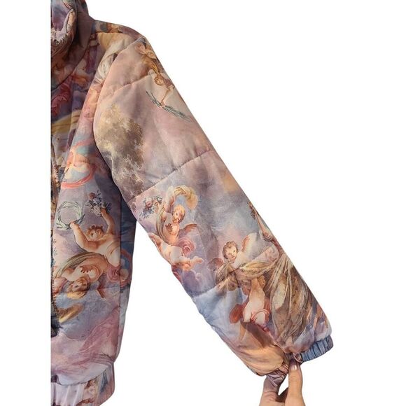 Forever21 Cherub Angel Puffer Jacket All Over Print Renaissance Fantasy | S EUC - Picture 6 of 11